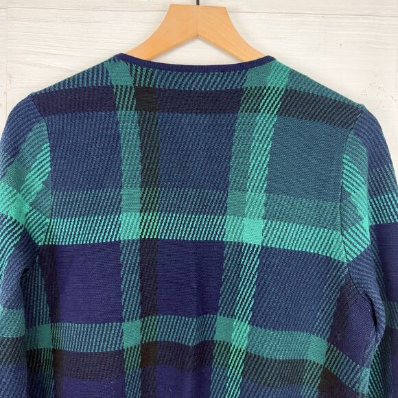 Talbots Pure Merino Wool Cardigan Large Green Tartan Plaid Preppy Open Front - Picture 8 of 15